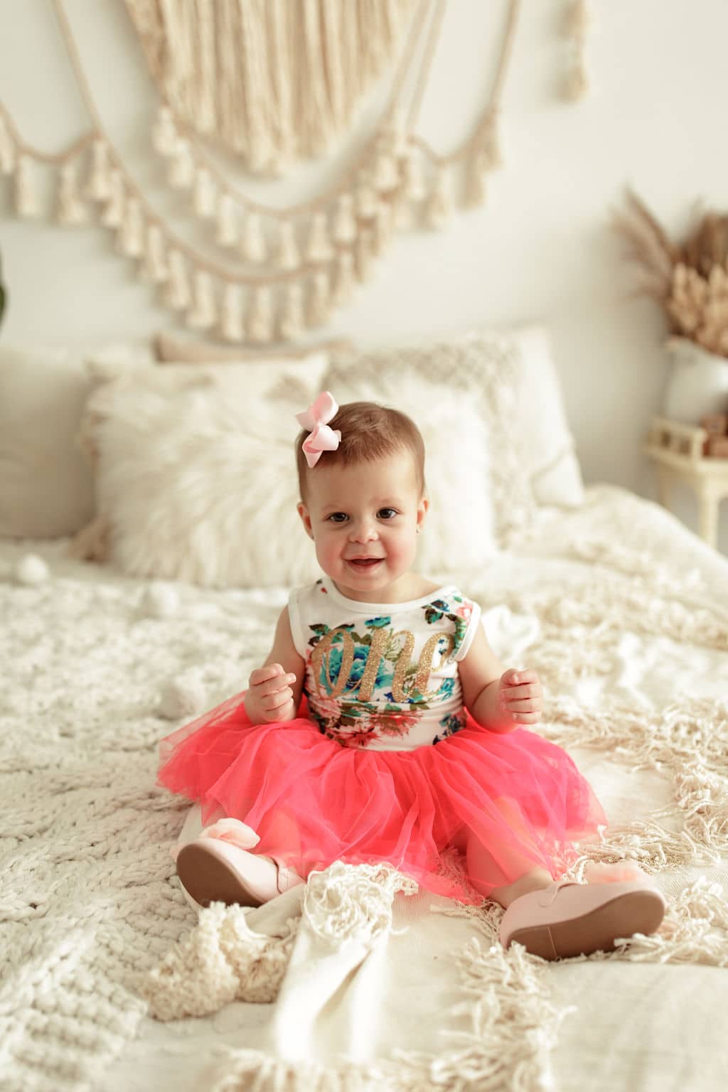 adorable one year old in boho photo studio 